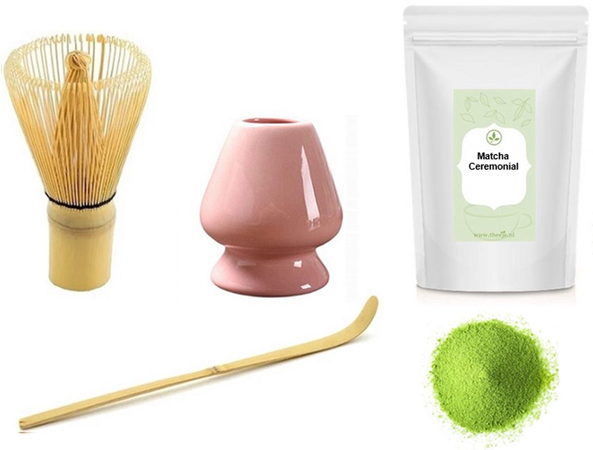 Matcha thee set compleet - Matcha Klopper & bamboe maatschep - Chasen Houder Roze - Japanse Theeceremonie - Inclusief Theeje 15 gram Japanse Matcha Ceremonial Poeder - Set van 4