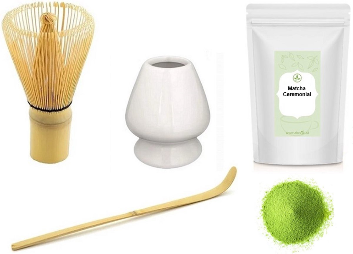 Matcha thee set compleet - Matcha Klopper & bamboe maatschep - Chasen Houder Wit - Japanse Theeceremonie - Inclusief Theeje 15 gram Japanse Matcha Ceremonial Poeder - Set van 4
