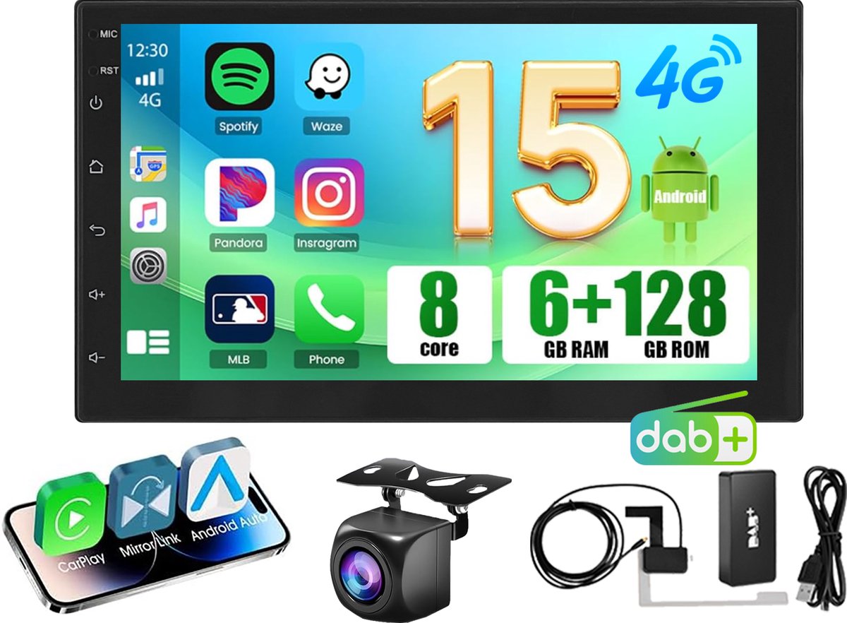 ESSGOO Autoradio 2Din Universeel - Android 15 - Apple Carplay & Android Auto (Draadloos) - 6+128GB - 7 Inch HD Touchscreen - GPS, FM/AM, 4G WIFI - DAB & Achteruitrijcamera