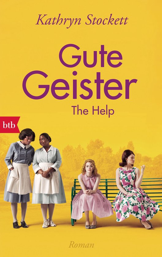Boekcover met de titel "Gute Geister The Help". Twee vrouwen in dienstbode-uniforms staan naast een groen bankje waarop twee jonge vrouwen zitten. Een in een roze jurk, de ander in een jurk met bloemenprint.