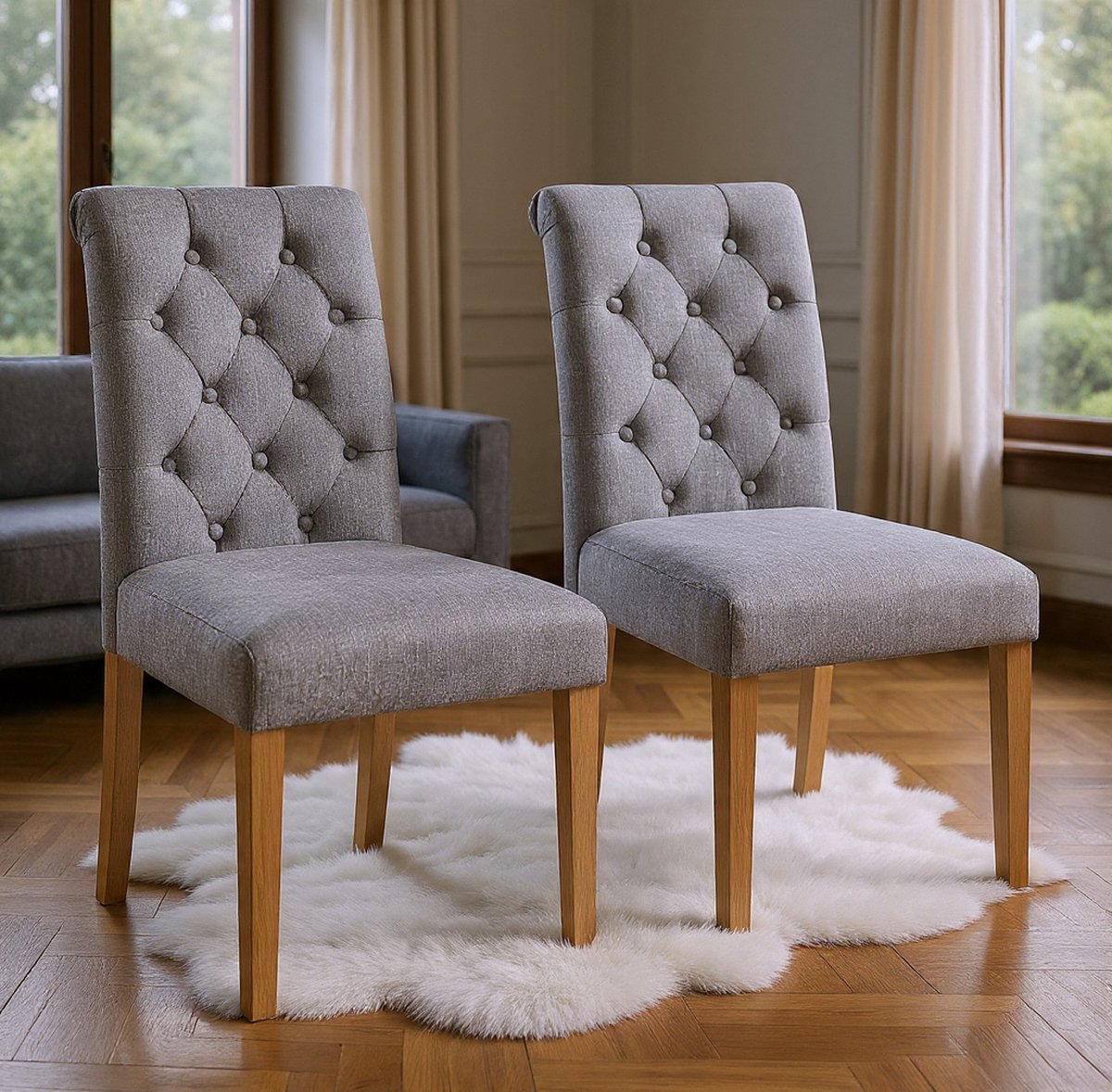 Moderne Eetkamerstoelen Set van 2 – Gestoffeerde Polster Stoelen met Hoge Rugleuning – Comfortabele Keukenstoelen van Polyester Linnenstof – Donkergrijs – 62 x 45,5 x 98,5 cm – Novihome