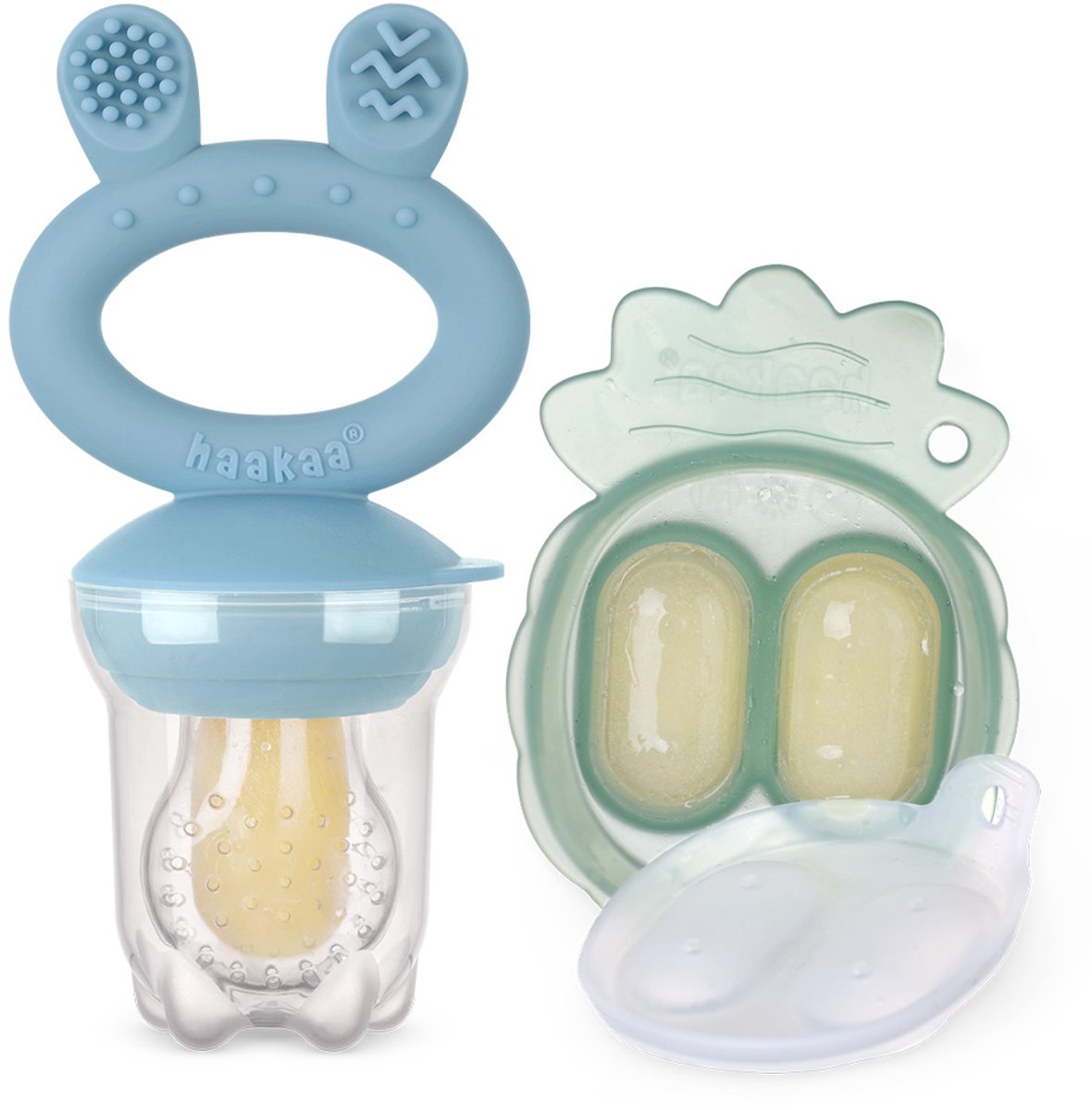 Haakaa Fresh Food Feeder Mini Combo | Blue Feeder + Pea Green Tray