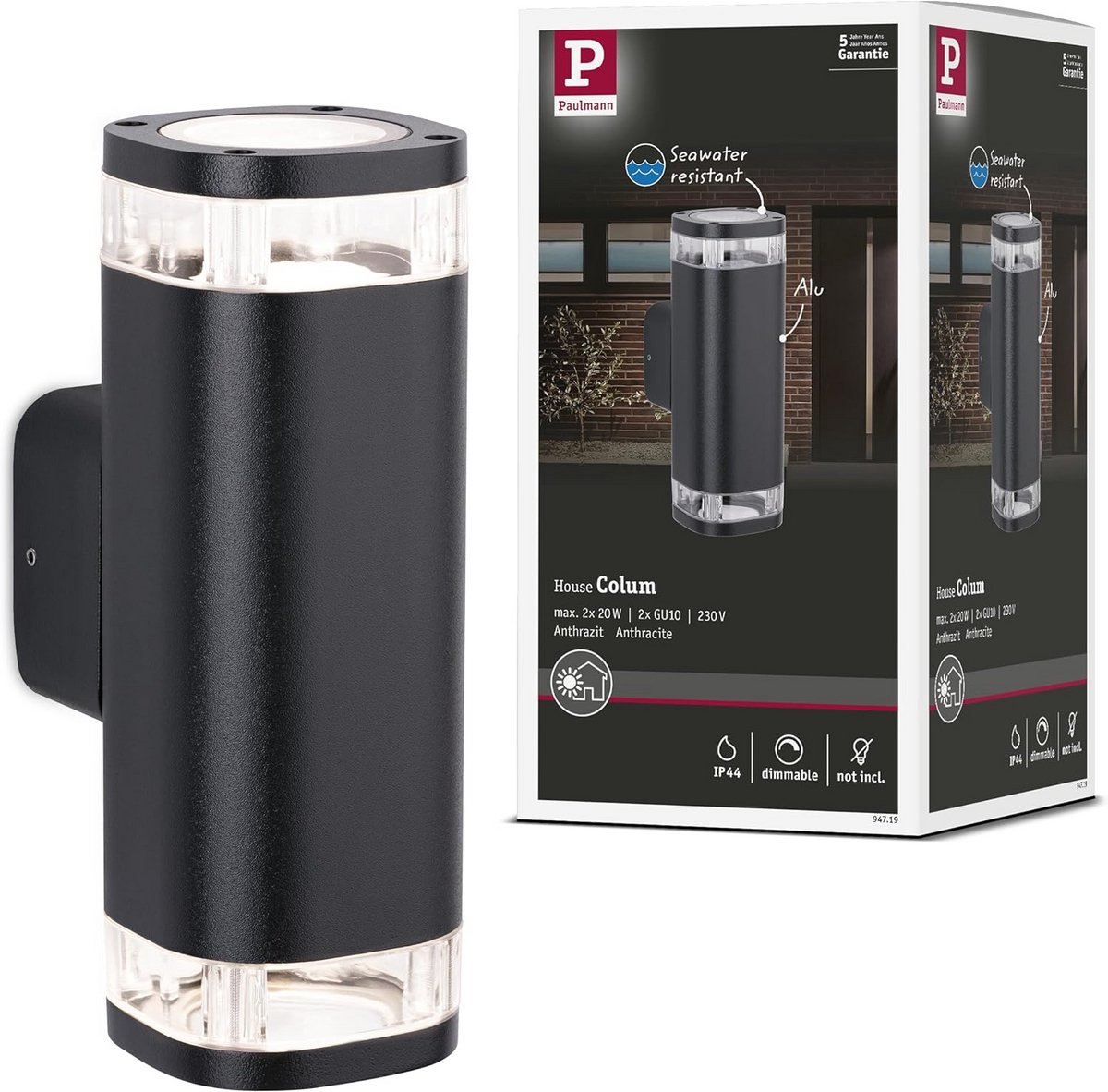 Buitenverlichting Wandlamp IP44 Zeewaterbestendig Antraciet Aluminium 80x112mm Max. 20W