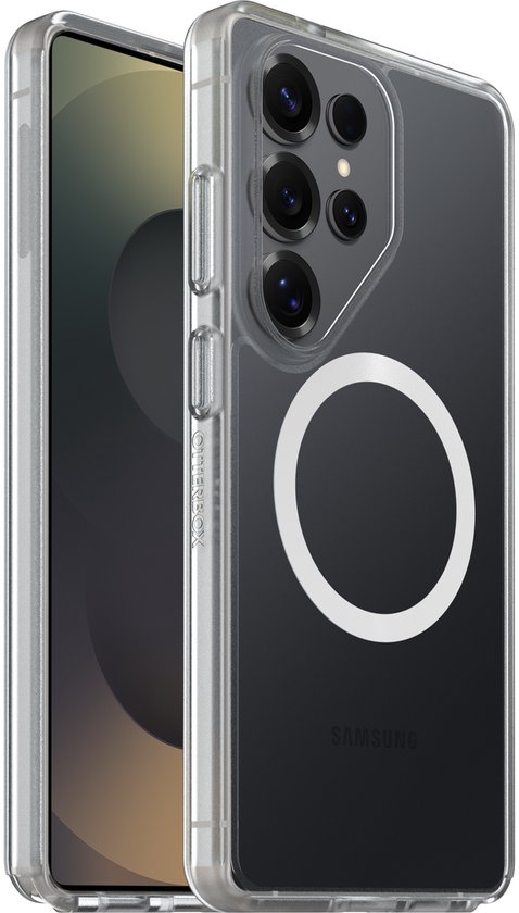 Transparante OtterBox React telefoonhoes met magnetische ring, zichtbaar aan de achterkant en zijkant.