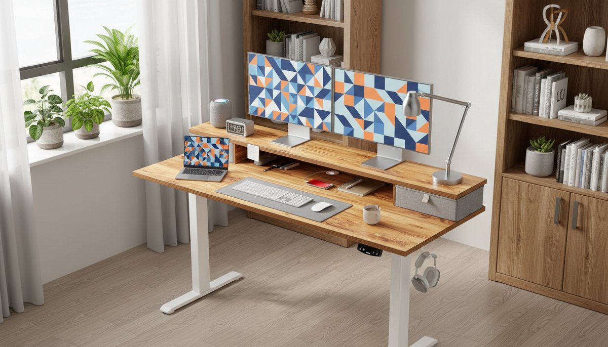 Electric Desk Casa Velluto Elite 140x60 cm – Elektrisch In Hoogte Verstelbaar Zit-Sta Bureau met 2 Laden, Geheugenfunctie en Anti-Botsingstechnologie – Kantoor- en Thuisbureau, Lichtbruin
