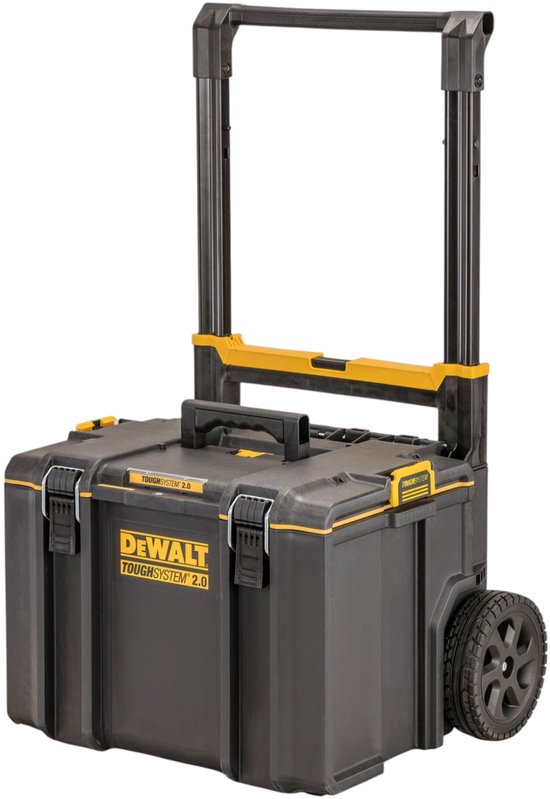 DeWALT ToughSystem 2.0 trolley DS450 in zwart met gele accenten en uitschuifbaar handvat.