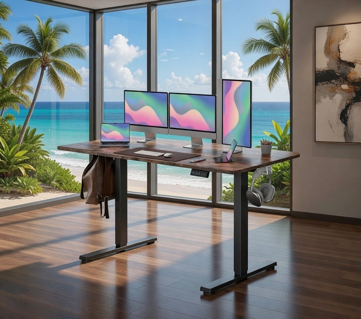Elektrisch Zit-Sta Bureau 160x60 cm met Geheugenfunctie, Anti-Botsing Sensor, Wielen & Ergonomische Hoogteverstelling – Verstelbaar Bureau voor Thuiswerk / Kantoor – Zwart Frame / Bruin Tafelblad – NoviHome