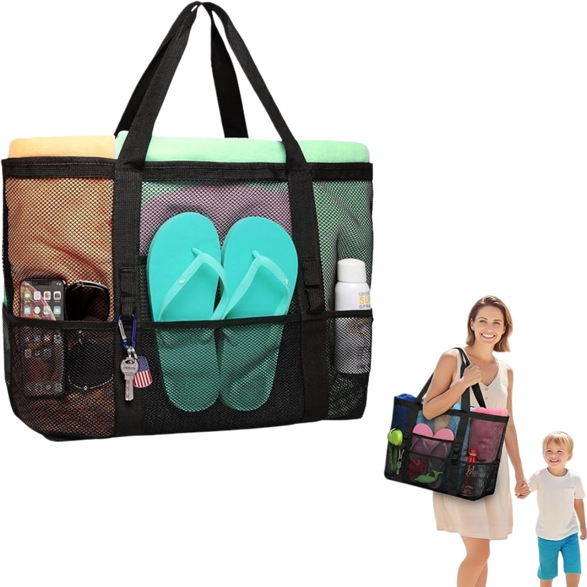 1 stuk - Grote Mesh Strandtas - Strandtas met enkele schouder - Meerdere Vakken – multifunctionele mesh outdoor opbergtas - zandspeelgoed levensmiddelen opbergnettas - Lichtgewicht & Sneldrogend – Ideaal voor Strand, Zwembad en Vakantie - Zwart