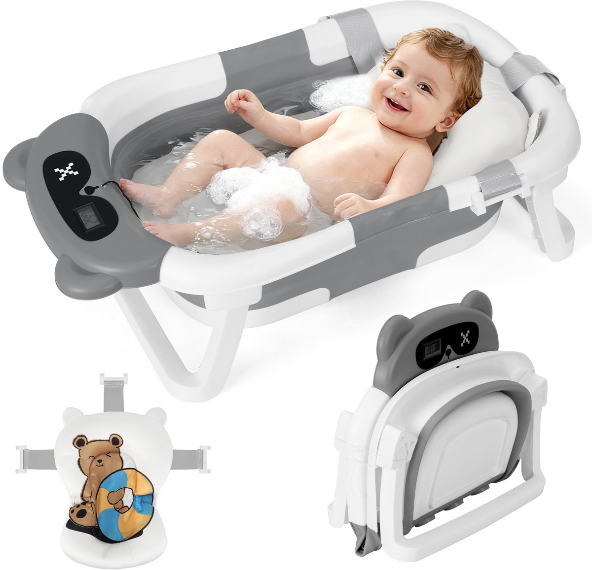 Baby Bad Opvouwbaar - Babybad - Babybad met Thermometer - Grijs - 66x40x20cm