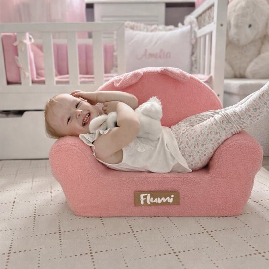 Flumi - Kinderfauteuil - Bouclé kinderstoel roze - Met oortjes - Gepersonaliseerd met naamgravure van Flumi — afbeelding 4