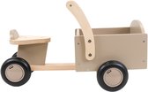 Houten bakfiets loopfiets in beige zandkleur met zwarte wielen.