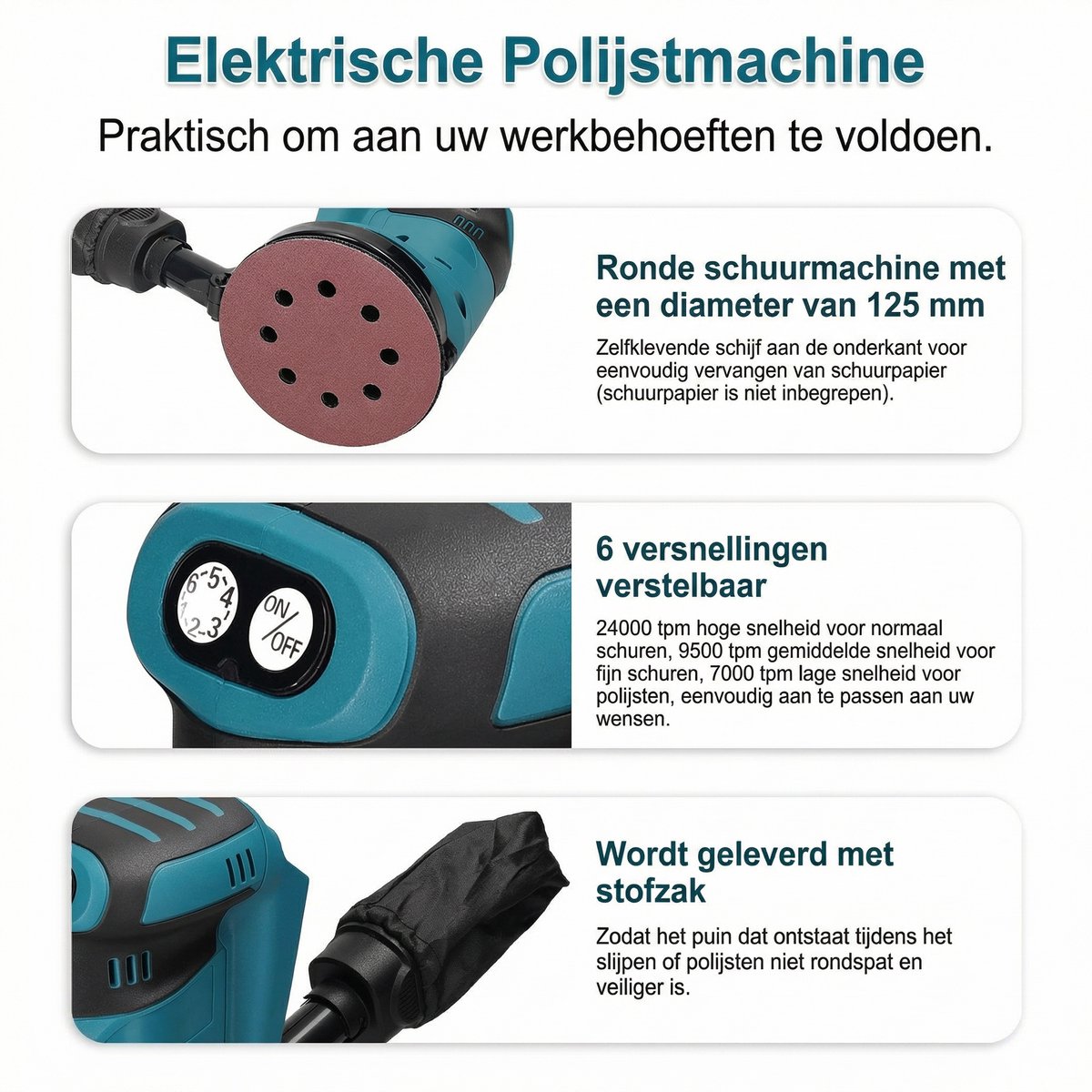 Accu Excentrische Schuurmachine 125 mm – Borstelloze Motor – 6 Snelheden – Met Stofzak – Hout Schuren & Auto Polijsten – foto 5