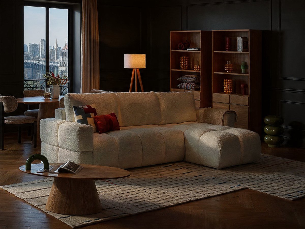 ISSORO Luxe Hoekslaapbank – 5-Persoons Omkeerbare Boucléstof Bank met Uittrekbare Slaapfunctie, Opbergruimte en Extra Kussens – Beige, Modern Gestoffeerd en Comfortabel voor Woonkamer, Lounge en Gasten-Novihome