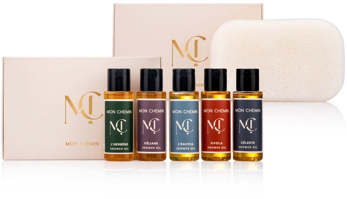 Mon Chemin® Doucheolie Discovery Ritual Set – Vijf Miniaturen Doucheolie + Konjac Lichaamsspons in Luxe Set