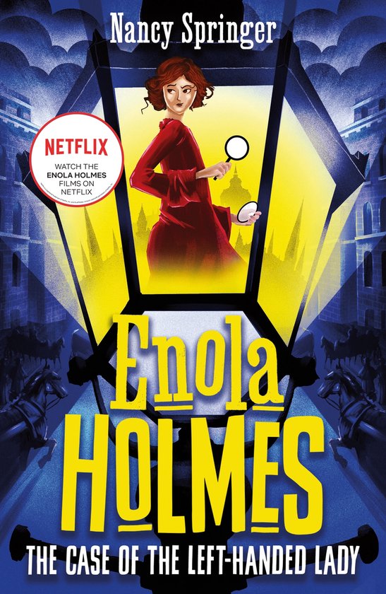 Boekomslag van "Enola Holmes: The Case of the Left-Handed Lady" met Enola Holmes in een rode jurk die een vergrootglas vasthoudt.