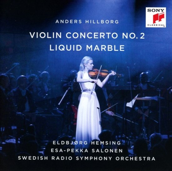 Couverture de CD montrant une femme en robe blanche jouant du violon, avec un orchestre en arrière-plan. Titres : Violin Concerto No. 2, Liquid Marble.