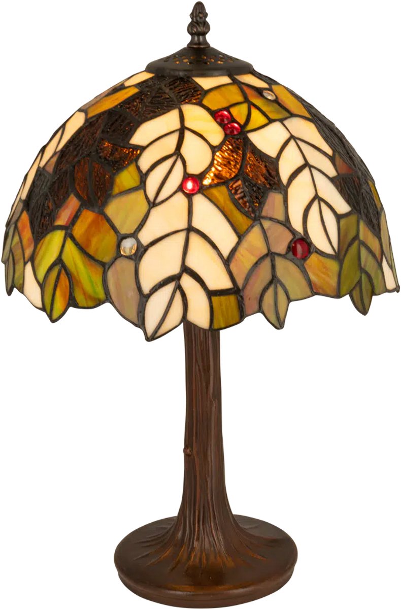 Tiffany tafellamp bladeren - Groen-geel-bruin - Ø 30,5 cm - Glas in lood - Warm licht - Natuurmotief - Hersttinten | RORUVERA