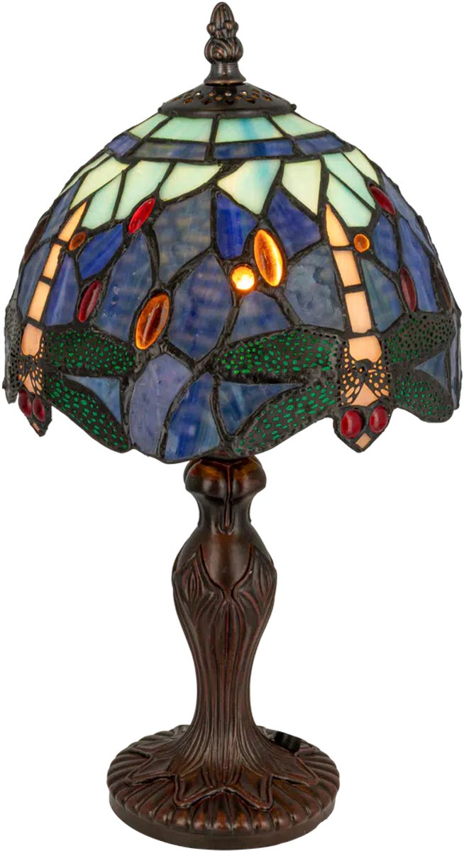 Tiffany tafellamp libelle – blauw-groen – Ø 20 cm - glas in lood | RORUVERA