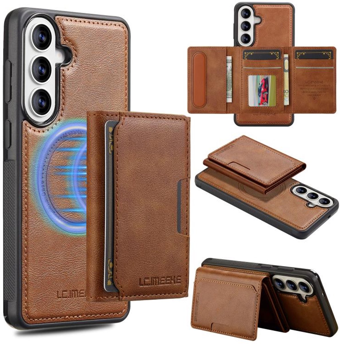 Telefoonhoesje geschikt voor de Samsung Galaxy A37 5G / A36 5G / A56 5G - Silicone TPU en kunst leer - bruin back cover hoesje case met pasjeshouder - 4 pasjes afneembaar - MagSafe functie - L5