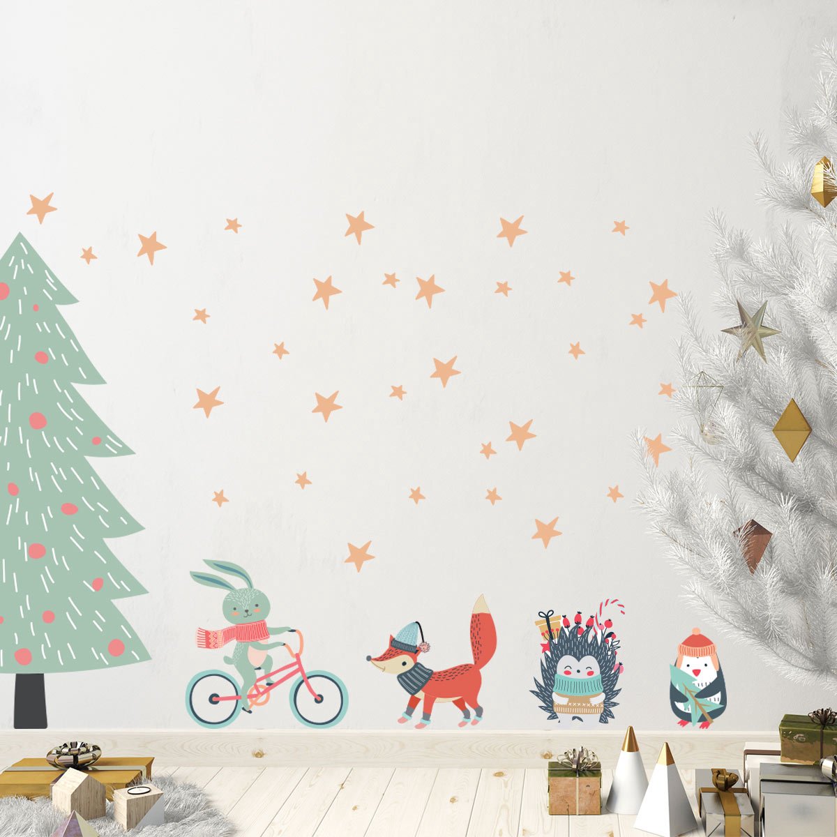 Kerstboom- en Scandinavische dierenstickers - zelfklevende kerststickers - feestdecoraties - 75x50cm