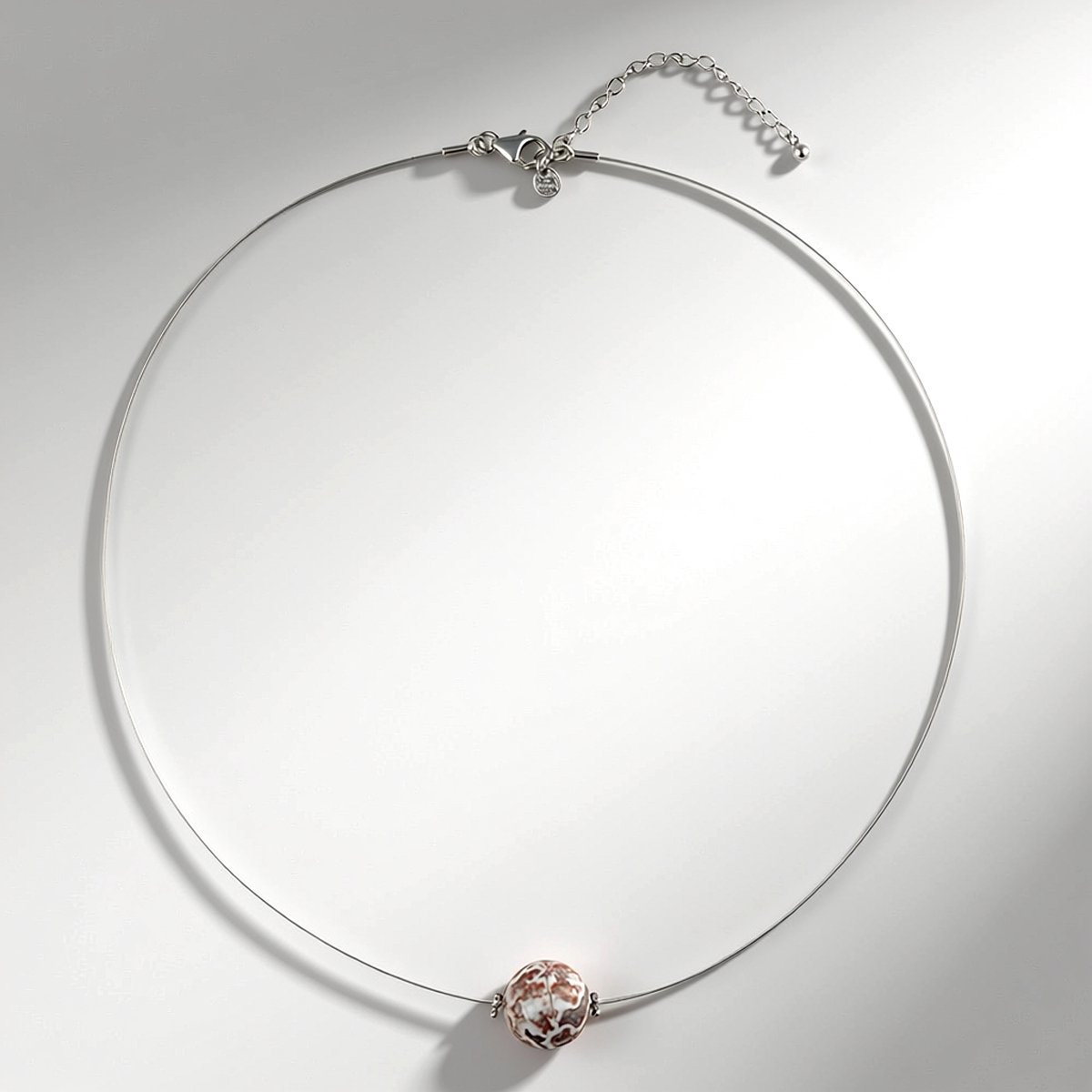 Cavill - Halsketting Rode Kantagaat 19 7 ct - Roestvrij Staal Verstelbaar - Ronde Mexicaanse Edelsteen 14 mm - Modern Minimalistisch Design