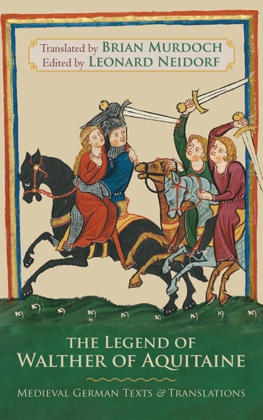 Boekomslag: Middeleeuwse miniatuur van ridders te paard met zwaarden, met de titel 'The Legend of Walther of Aquitaine'.