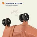 Detail van de dubbele, 360 graden draaibare wielen van een roestbruine koffer.