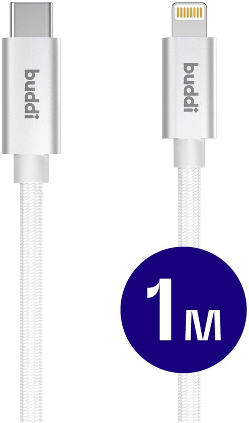 Witte Buddi USB-C naar Lightning kabel, 1 meter lang, met vergulde connector.