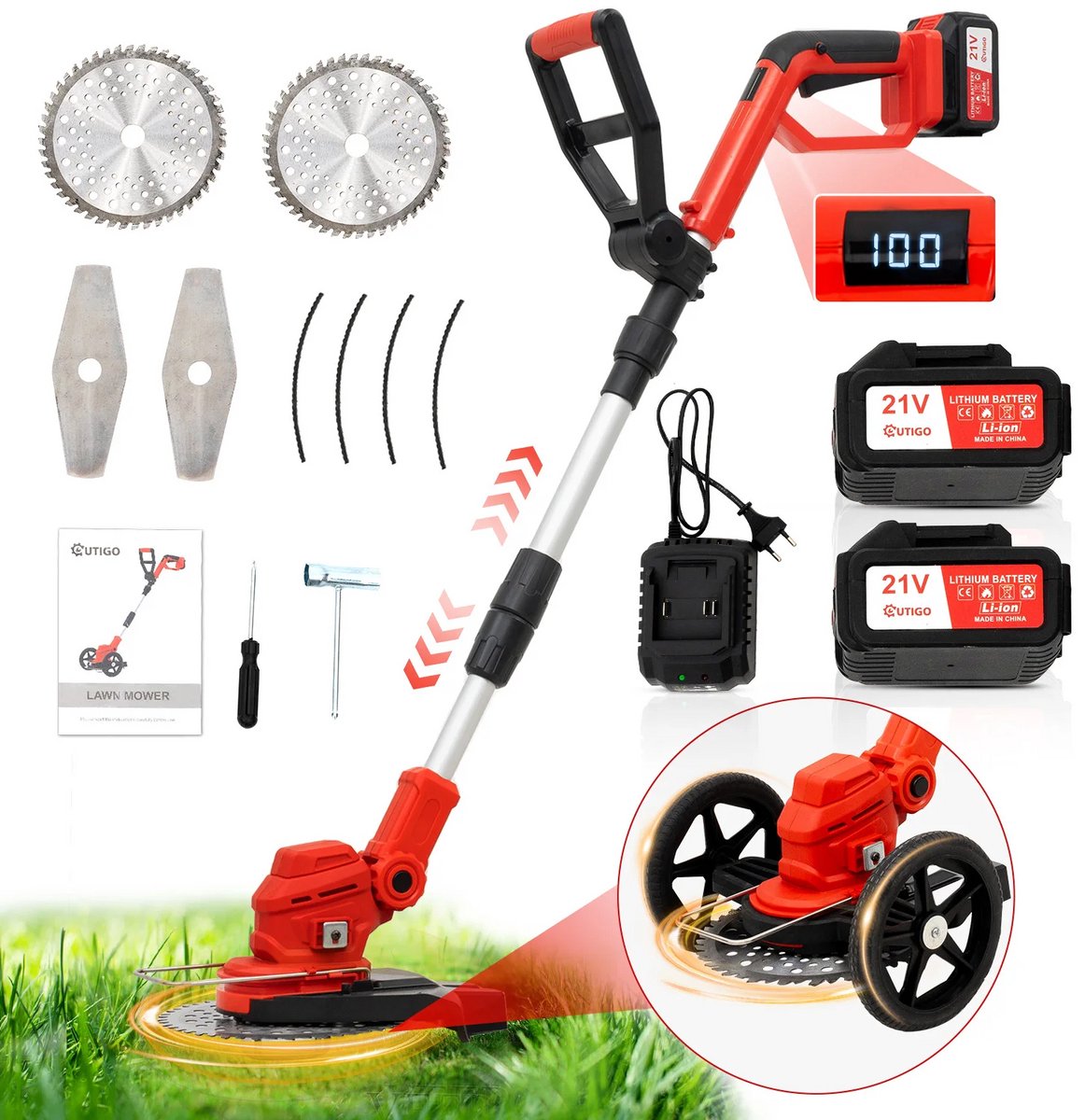 Grasmaaier - Draadvrij - 18000 RPM - 2 × 4000 mAh - Batterijniveau-Indicator