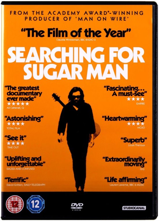 Voor- en achterkant dvd hoes van 'Searching for Sugar Man' met de titel centraal, en een silhouet van een gitarist.