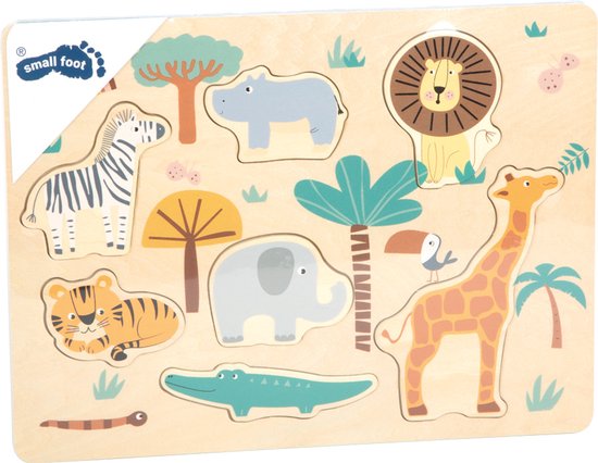 Houten puzzel met dieren uit de safari: leeuw, giraf, olifant, nijlpaard, zebra, tijger, krokodil, slang, papegaai en regenboog.
