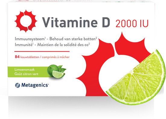 Een doosje vitamine D 2000 IU met limoenpartjes. Tekst: 'Limoensmaak. 84 kauwtabletten'.