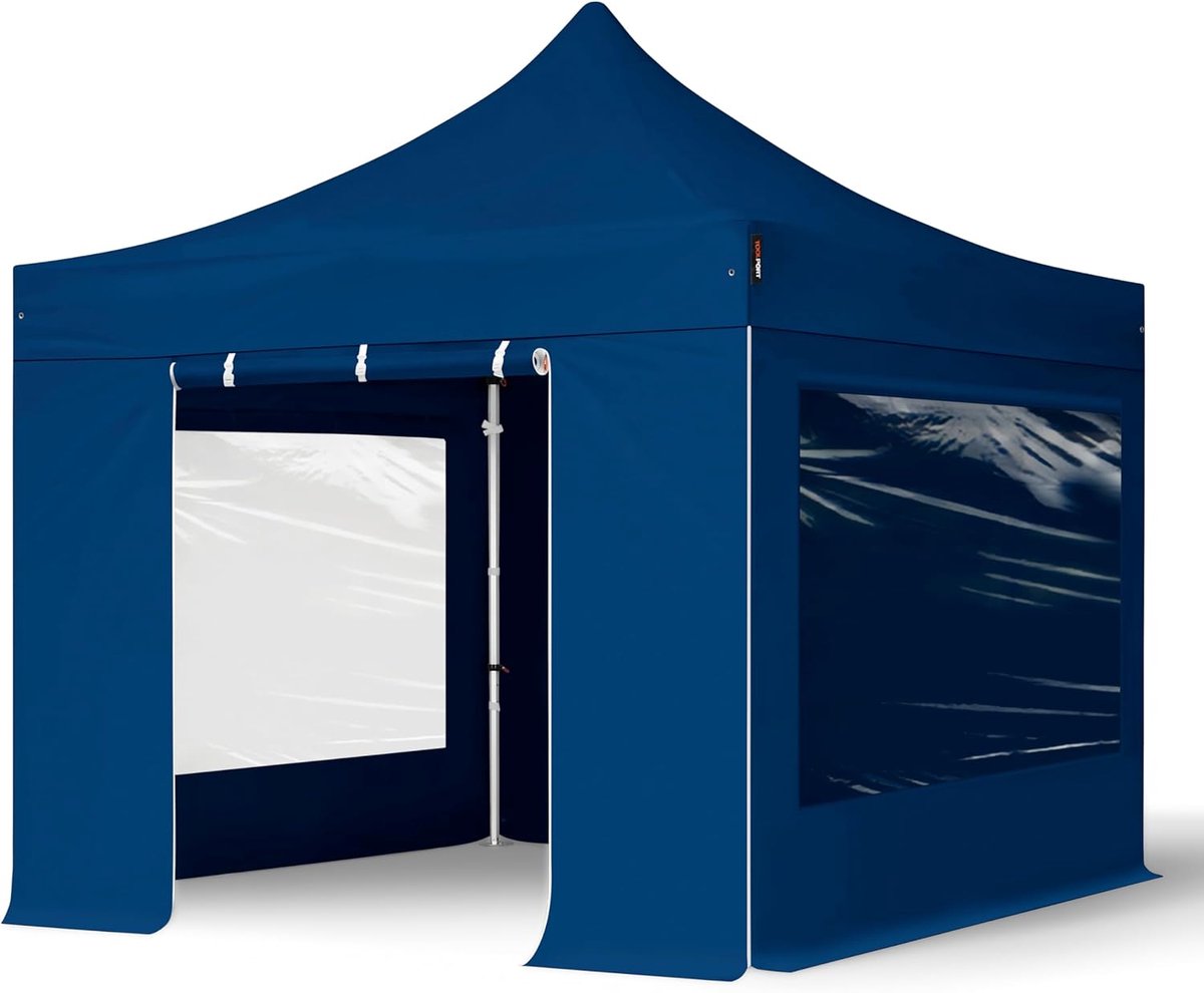 Vouwtent 3x3 m Aluminium Pop-Up Waterdicht met 4 Panoramische Zijwanden – Professioneel Inklapbaar Paviljoen Partytent Blauw – Laura