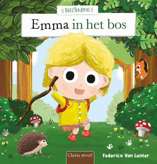 Couverture de livre : Emma dans la forêt. Une fille blonde avec un manteau jaune et un sac à dos rouge, tenant un bâton. Un hérisson, un écureuil et des champignons dans une forêt.