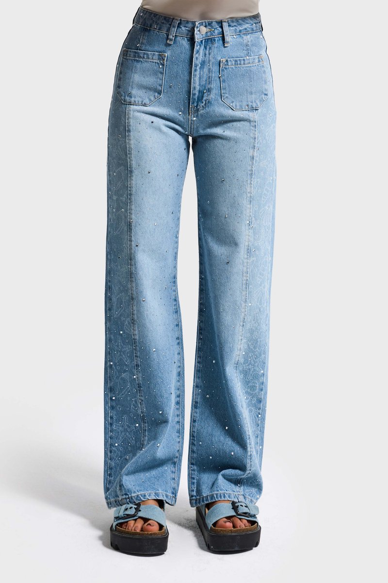 It's Basic - RHINESTONE STRAIGHT HIGH RISE JEANS