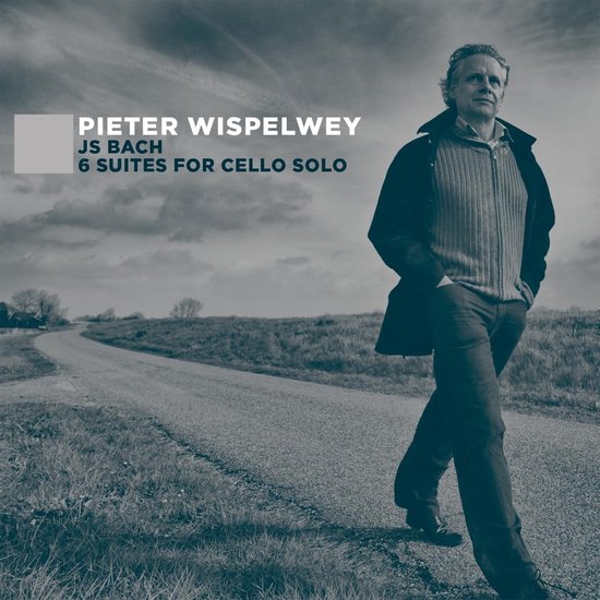 Pieter Wispelwey wandelt op een landweg, gekleed in een trui en jas. Rechtsboven staat de titel: JS BACH 6 SUITES FOR CELLOSOLO.