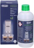 De'Longhi EcoDecalk ontkalker 500ml fles en doos met koffiezetapparaat en twee kopjes espresso.