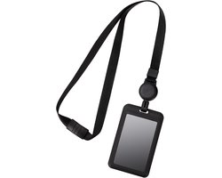 Een uitschuifbare ID-houder met een koord, gemaakt van 110x70 mm synthetisch materiaal, voorzien van een gesp en een nekband. Deze verticale ID-houder is geschikt voor kantoren, scholen, tentoonstellingen, OV-kaarten en andere gelegenheden.
