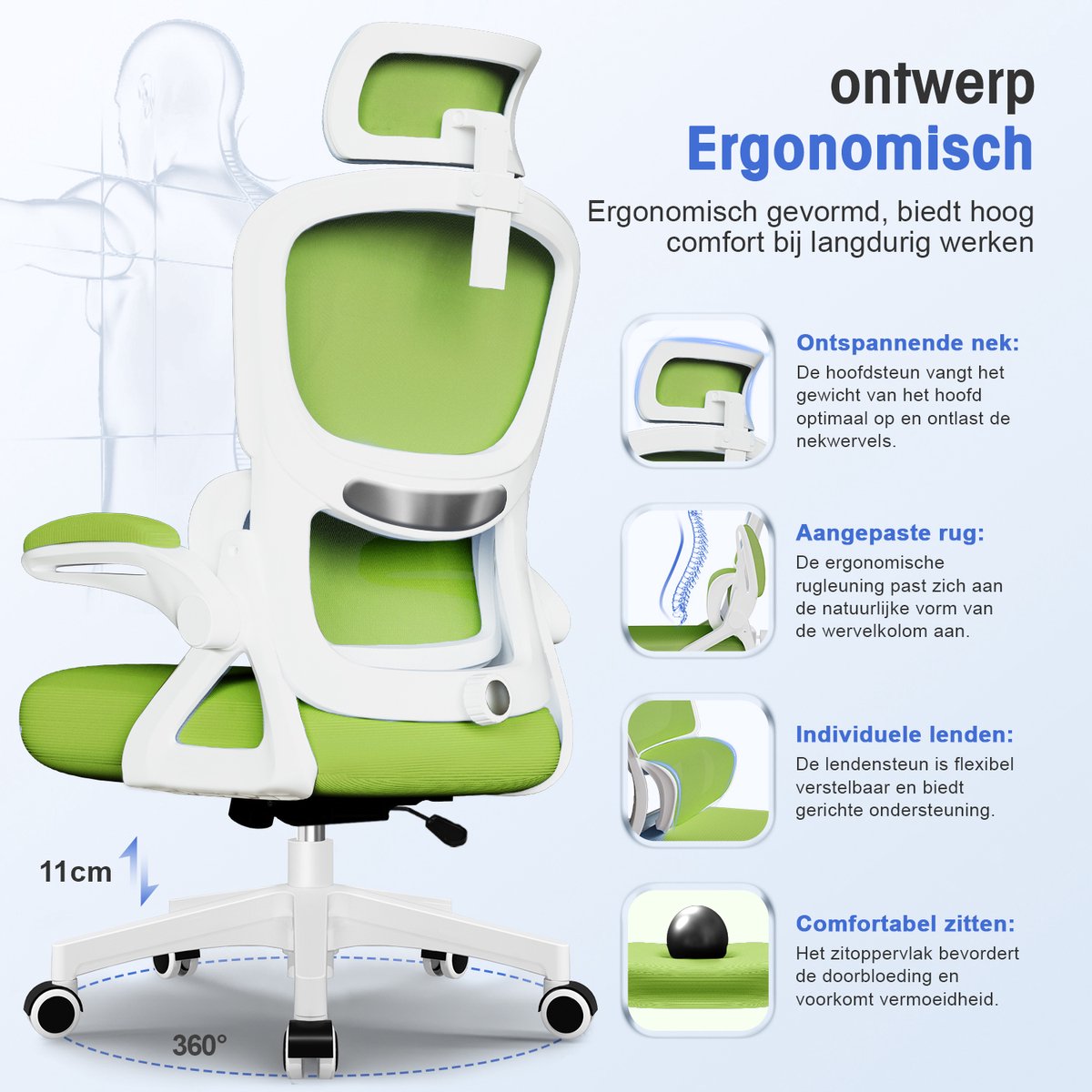 Qingdao Ergonomische Bureaustoel met Inklapbare Armleuningen - Felgroen - afbeelding 3