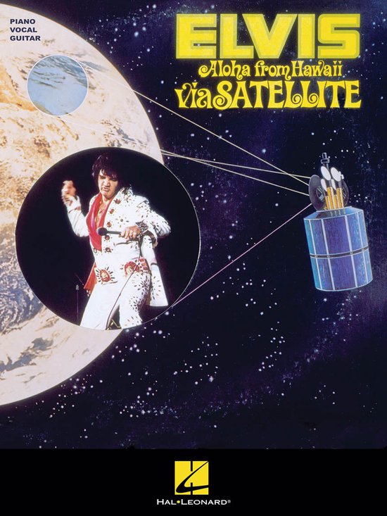 Elvis Aloha from Hawaii via Satellite bladmuziek. Elvis met microfoon voor planet, satelliet.