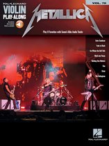 Het Metallica "Violin Play-Along" boek met liedjes zoals "Enter Sandman". De band speelt op een podium met rode belichting.