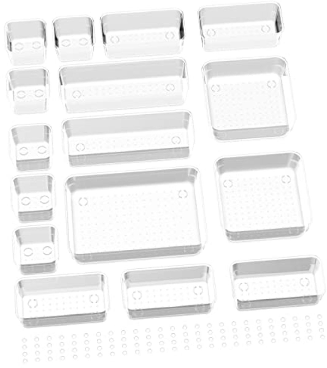 Set van 16 transparante opbergbakjes, 5 maten, antislip, voor lade-organisatie