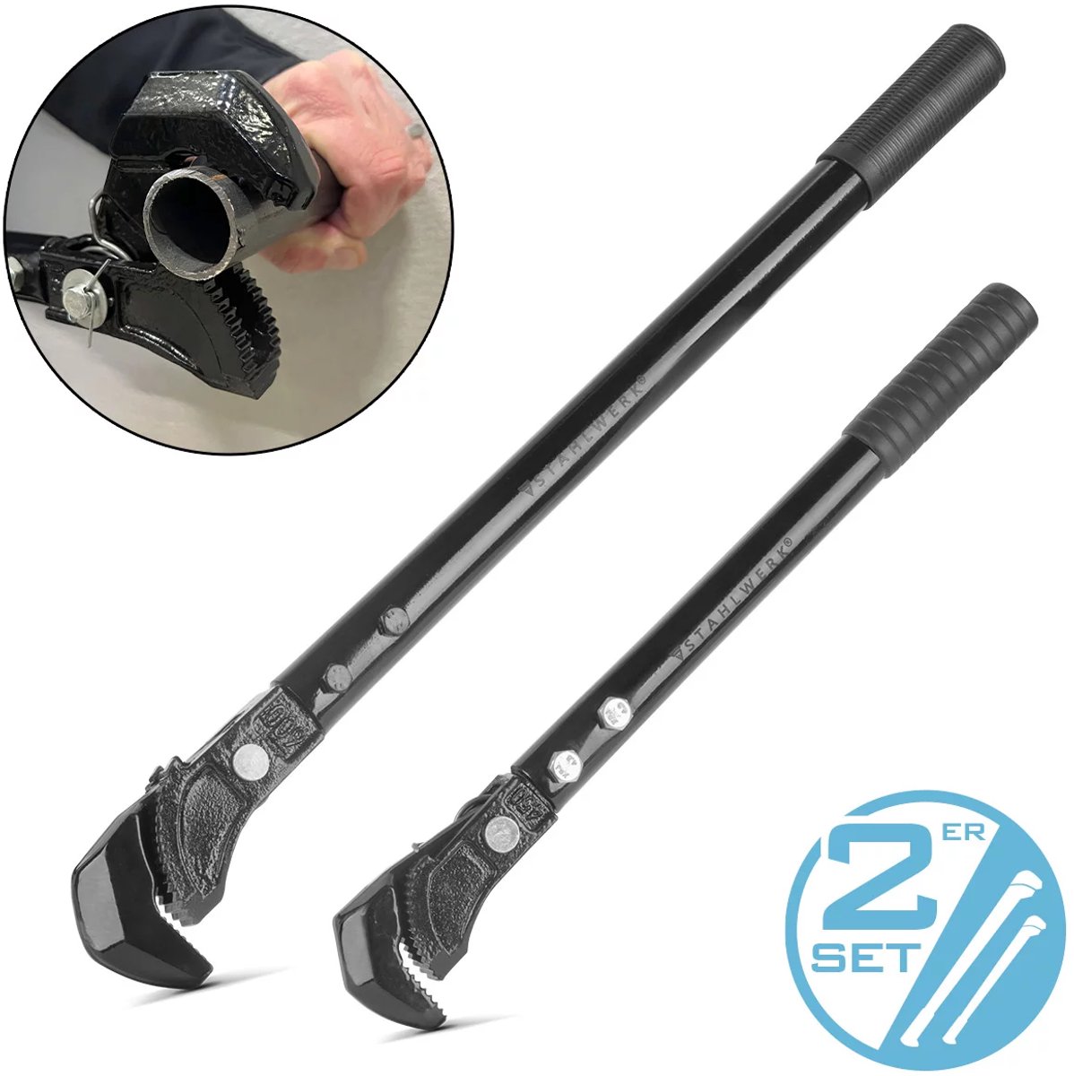 STAHLWERK Tangenset van 2 450/600 mm (18"/24") Zelfinstellende pijpsleutel | pijpsleutel | montagesleutel | pijpsleutel | snelsleutel | multifunctionele sleutel gemaakt van chroom vanadium