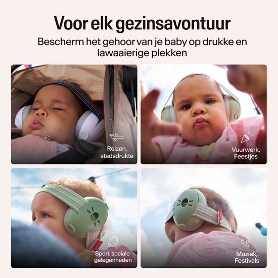 Baby's met Alpine Muffy Baby oorbescherming tijdens reizen, feesten, sport en festivals.