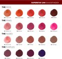 Overzicht van Maybelline Superstay 24H lipkleuren in de categorieën Rood, Roze, Nude en Paars.