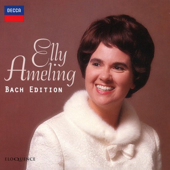 Elly Ameling met witte jas en bontkraag, met 'Elly Ameling Bach Edition' tekst.