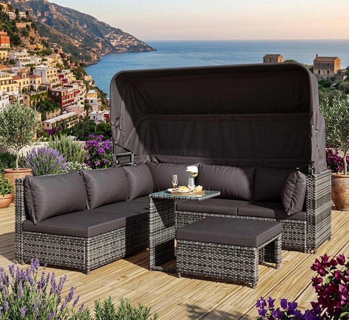 Luxe Modulaire Rotan Zonne-Eiland Loungeset met Zonnedak 194x128x140 cm – Weerbestendige Tuinset met Fauteuils, Kruk en Tafel voor Balkon & Terras – Modern Design