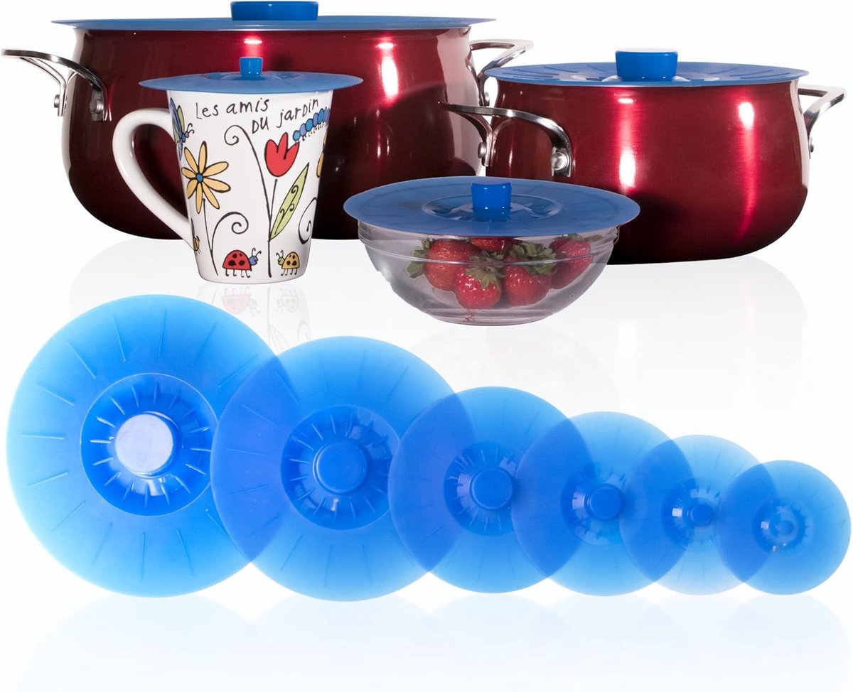 Siliconen Deksel Set Herbruikbare Zuignap Deksel Voedsel Bewaren Vaatwasser Magnetronbestendig Set van 6 Doorschijnend Blauw