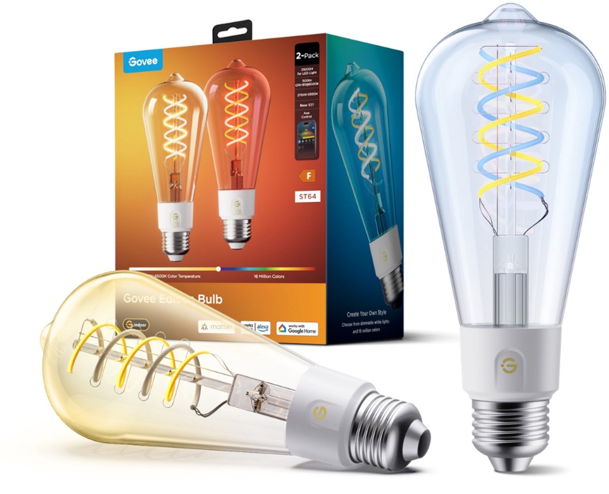 Govee slimme Edison filament lamp E27 Matter RGB kleuren en Warm Wit - RGBWW - ST19 - 2 pack
