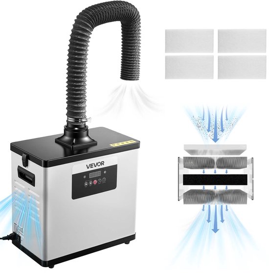 Extracteur de fumée VEVOR avec illustration du flux d'air. À droite, le fonctionnement d'un filtre 3-en-1 avec des couches HEPA et de carbone.